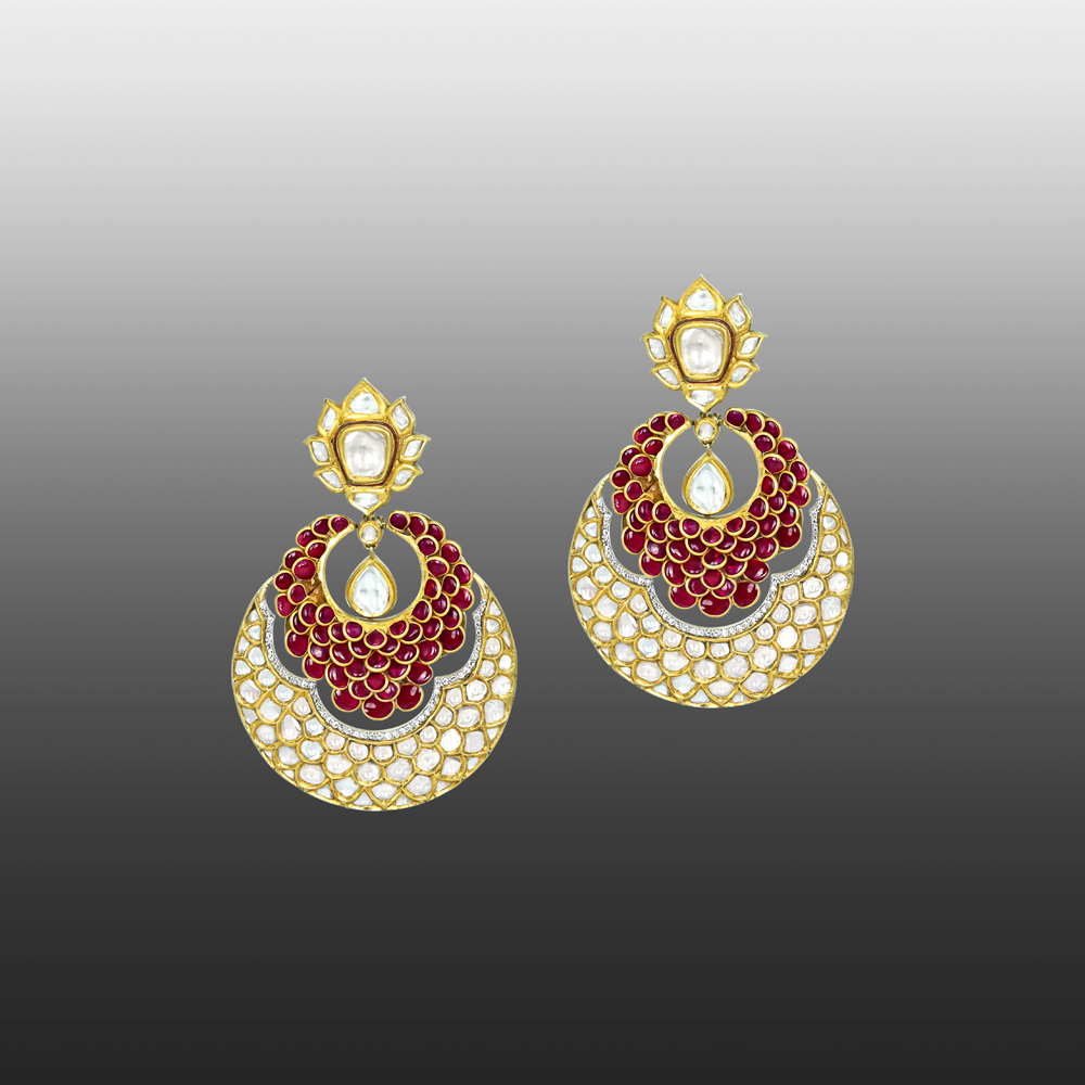 Red Stone Pachi Chandbali Earrings with Polkis